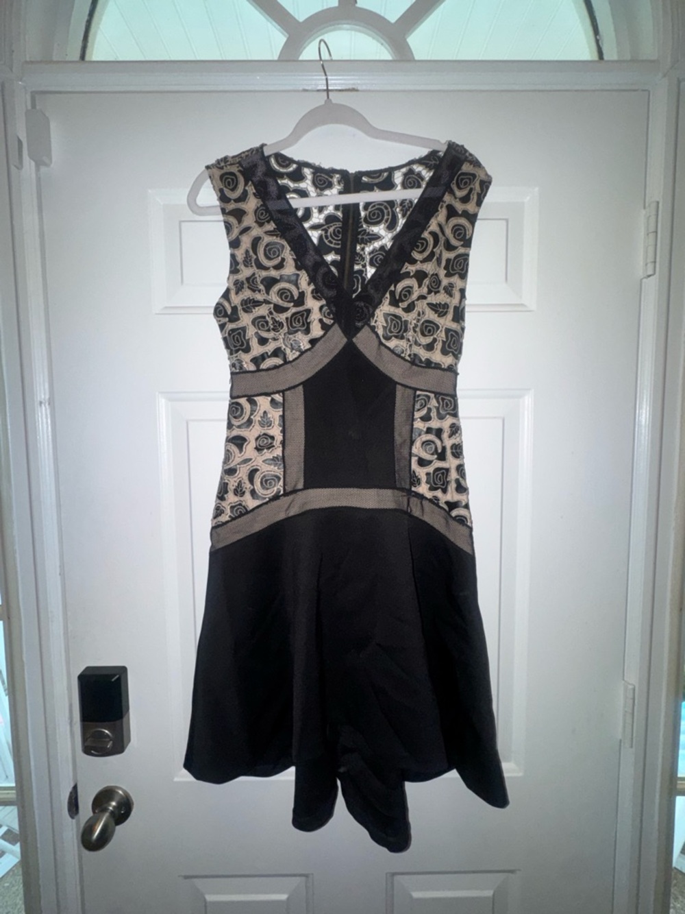 Sleeveless Black and Cream V-Neck Floral Panel Dress
